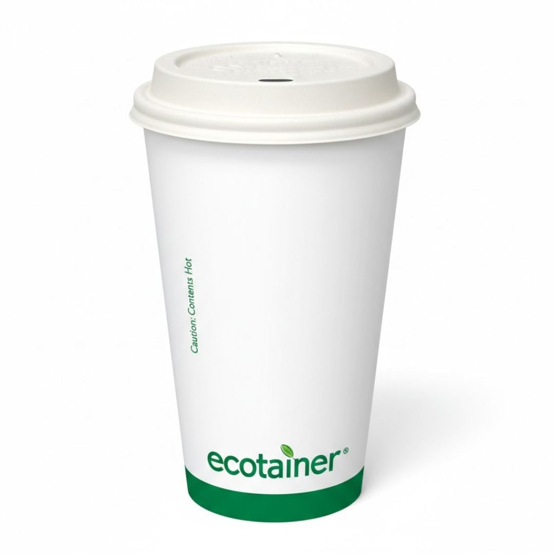 White paper cup with a white lid and 'ecotainer' branding on a white background
