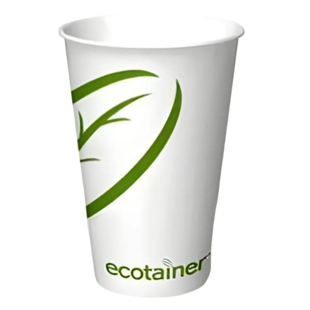 White paper cup with green design and 'ecotainer' branding on a white background