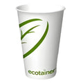 White paper cup with green design and 'ecotainer' branding on a white background