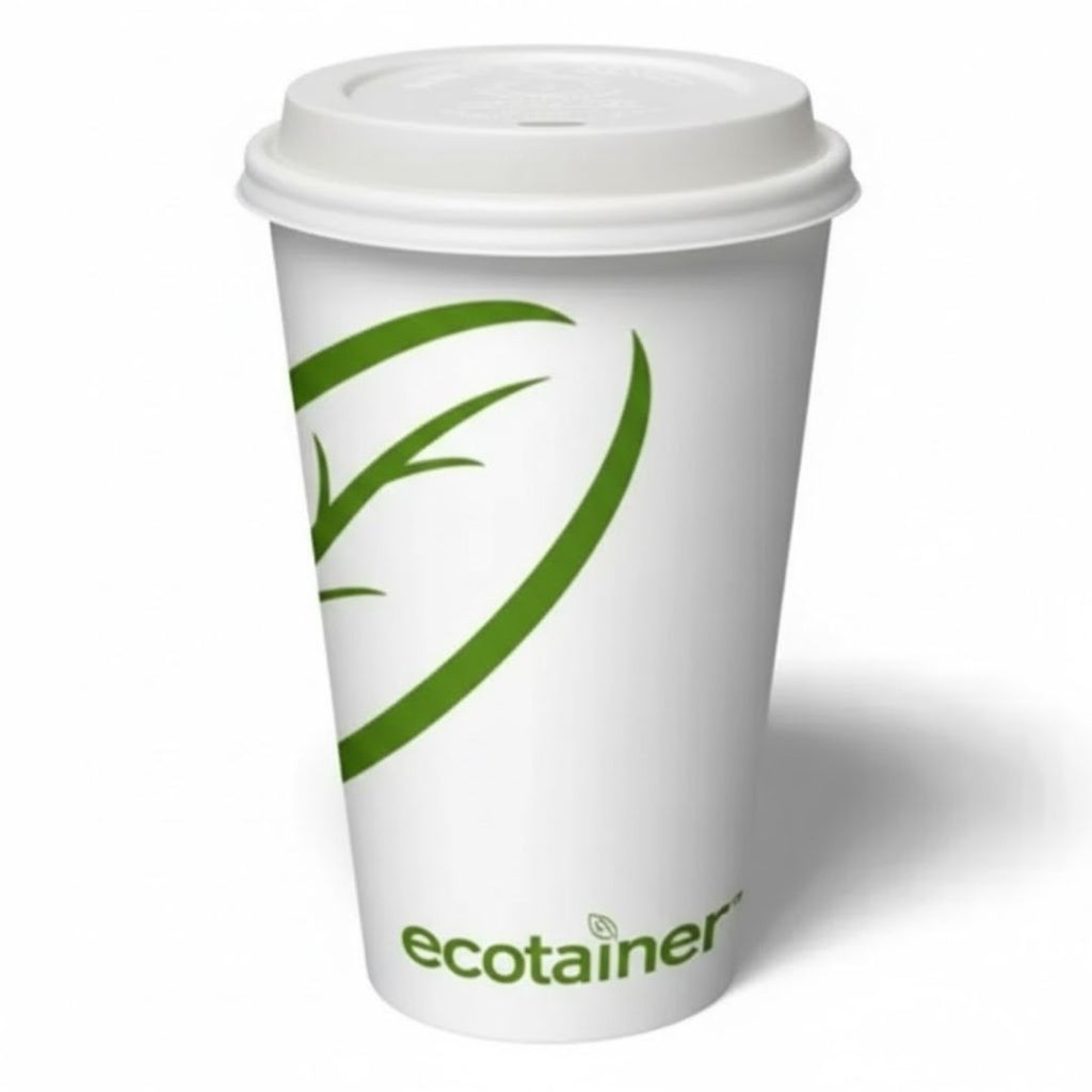 White paper cup with green leaf design and 'ecotainer' branding on a white background
