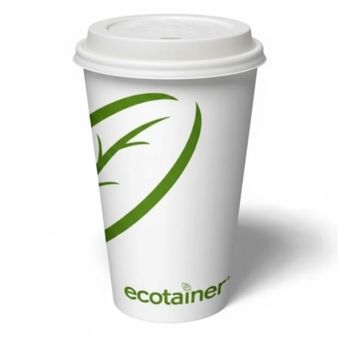 White paper cup with green leaf design and 'ecotainer' branding on a white background
