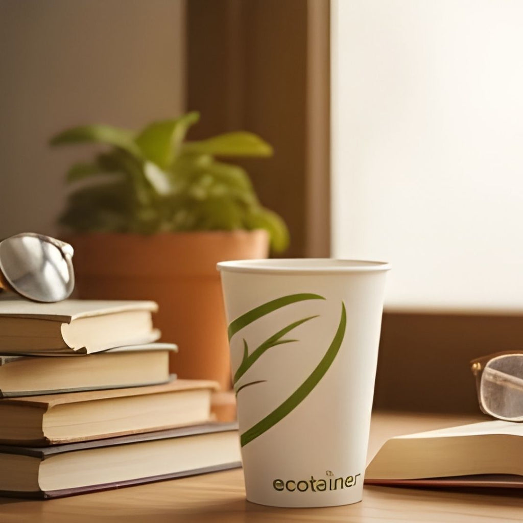 White paper cup with green logo and 'ecotainer' text on a desk with books and a plant.