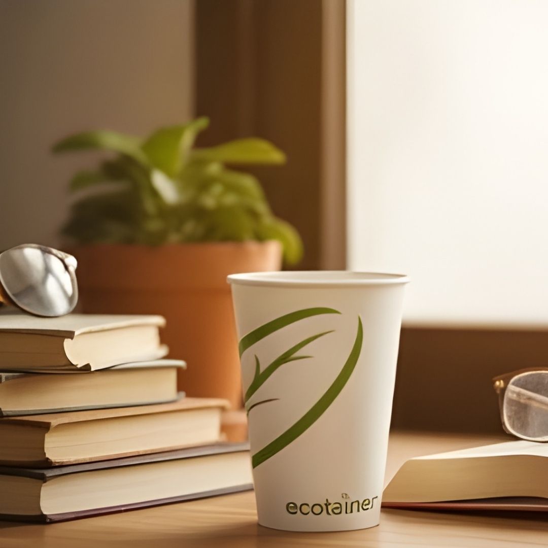 White paper cup with green logo and 'ecotainer' text on a desk with books and a plant.