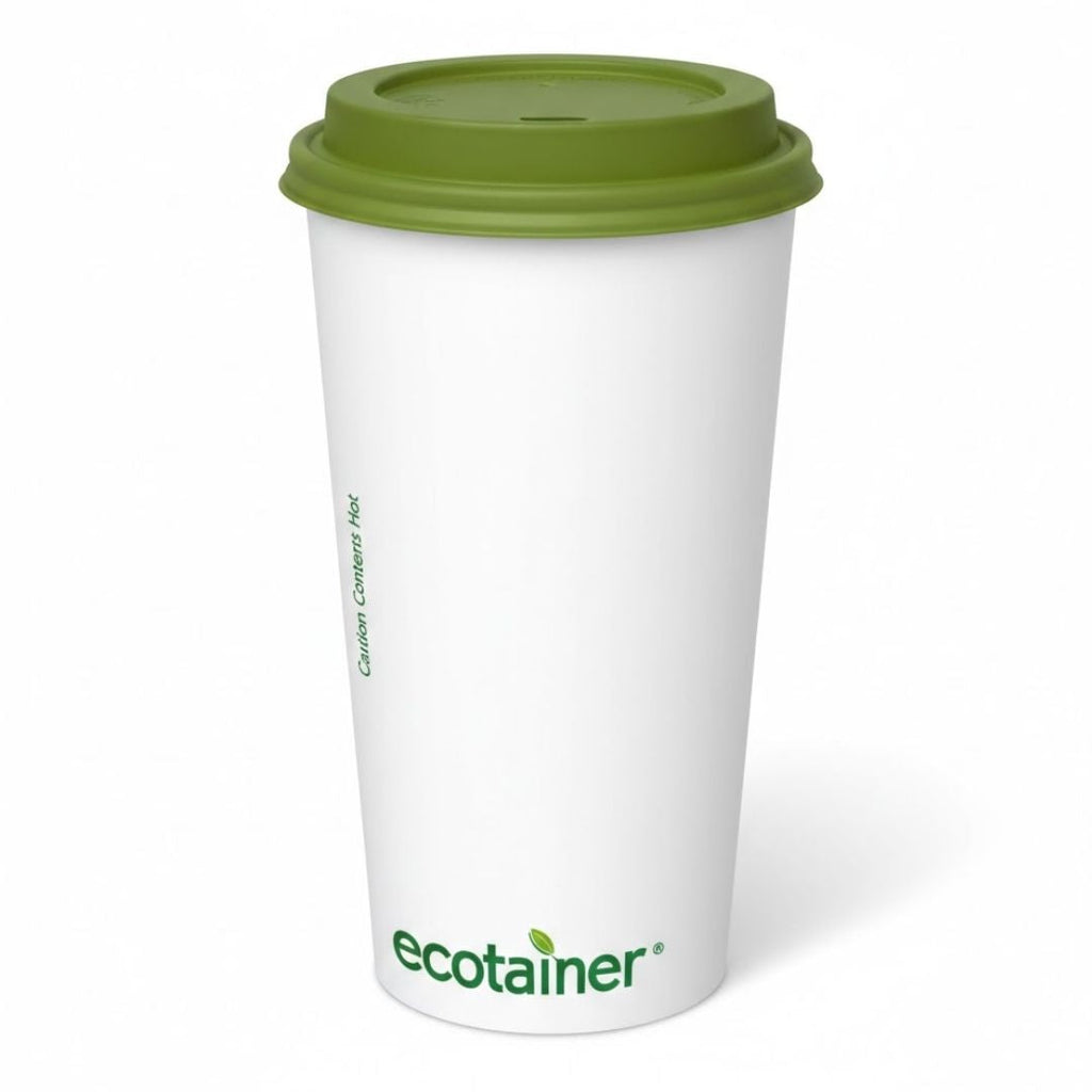 White compostable coffee cup with a green lid and 'ecotainer' branding on a white background