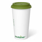 White compostable coffee cup with a green lid and 'ecotainer' branding on a white background