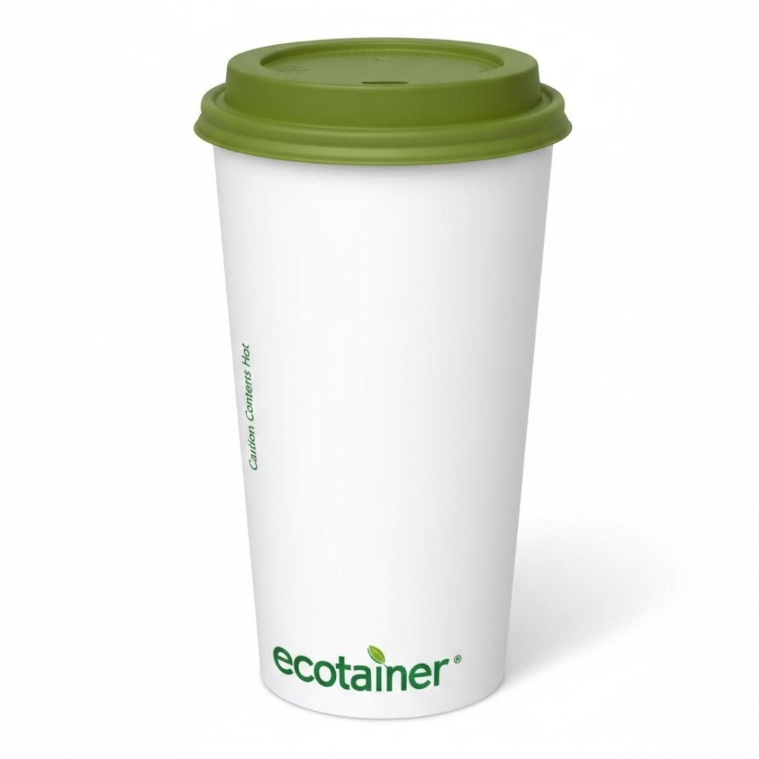 White compostable coffee cup with a green lid and 'ecotainer' branding on a white background