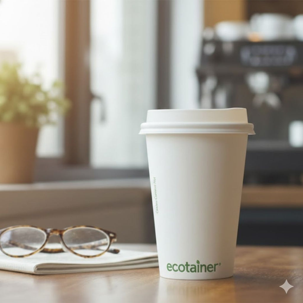 White coffee cup with 'ecotainer' branding on a wooden table, glasses, and notebook in the background.