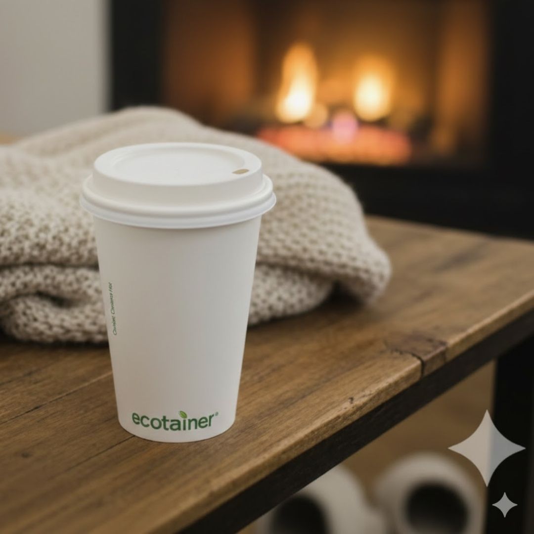 White coffee cup with a lid on a wooden surface in front of a fireplace, featuring the ecotainer brand.