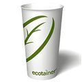 White paper cup with green leaf design and 'ecotainer' branding on a white background