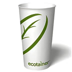 White paper cup with green leaf design and 'ecotainer' branding on a white background