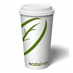 White paper cup with green leaf design and 'ecotainer' branding on a white background