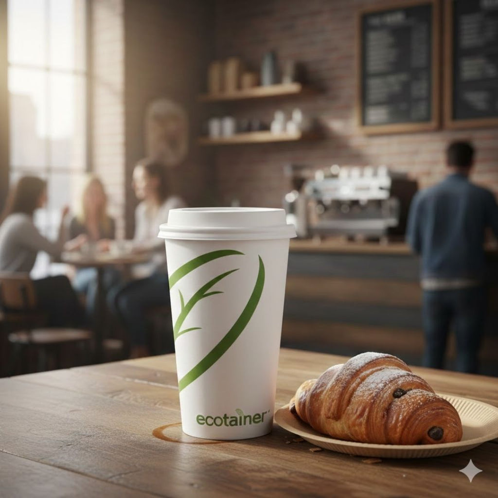Cup with lid and croissant on a table in a coffee shop setting