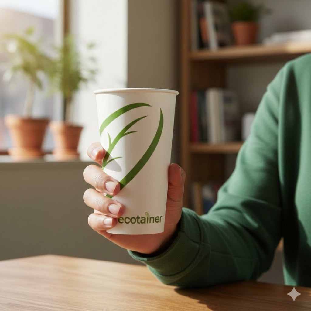 Person holding a paper cup with 'ecotainer' branding in a home setting.