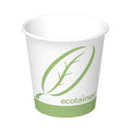 White paper cup with green leaf design and 'ecotainer' branding on a white background