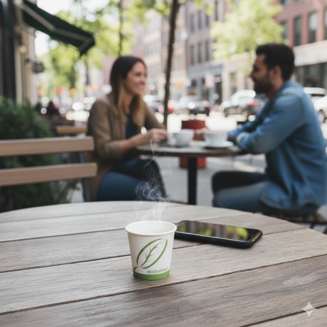 Two people sitting at an outdoor cafe with a coffee cup on a table in the foreground.