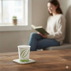 Person reading a book with a steaming cup on a coaster in the foreground