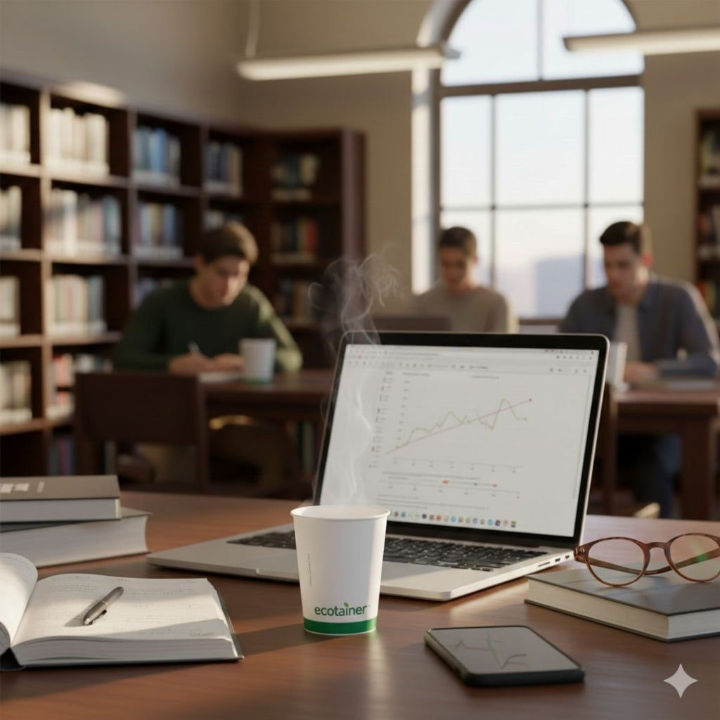 Laptop with financial charts and a steaming hot cup drink on a desk in a library setting, with people studying in the background.
