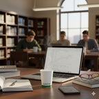 Laptop with financial charts and a steaming hot cup drink on a desk in a library setting, with people studying in the background.