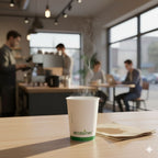 Steaming coffee cup on a table with a blurred office background