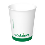 White paper cup with green ecotainer logo on a white background