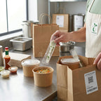 A person packing up packaged food and compostable utensils into a kraft takeout bag in a kitchen.
