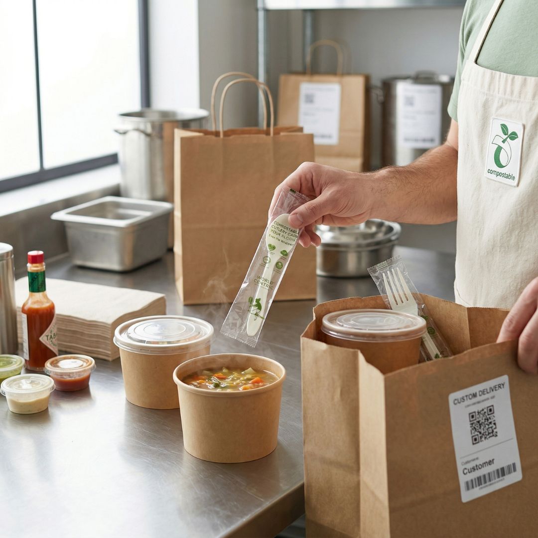 A person packing up packaged food and compostable utensils into a kraft takeout bag in a kitchen.