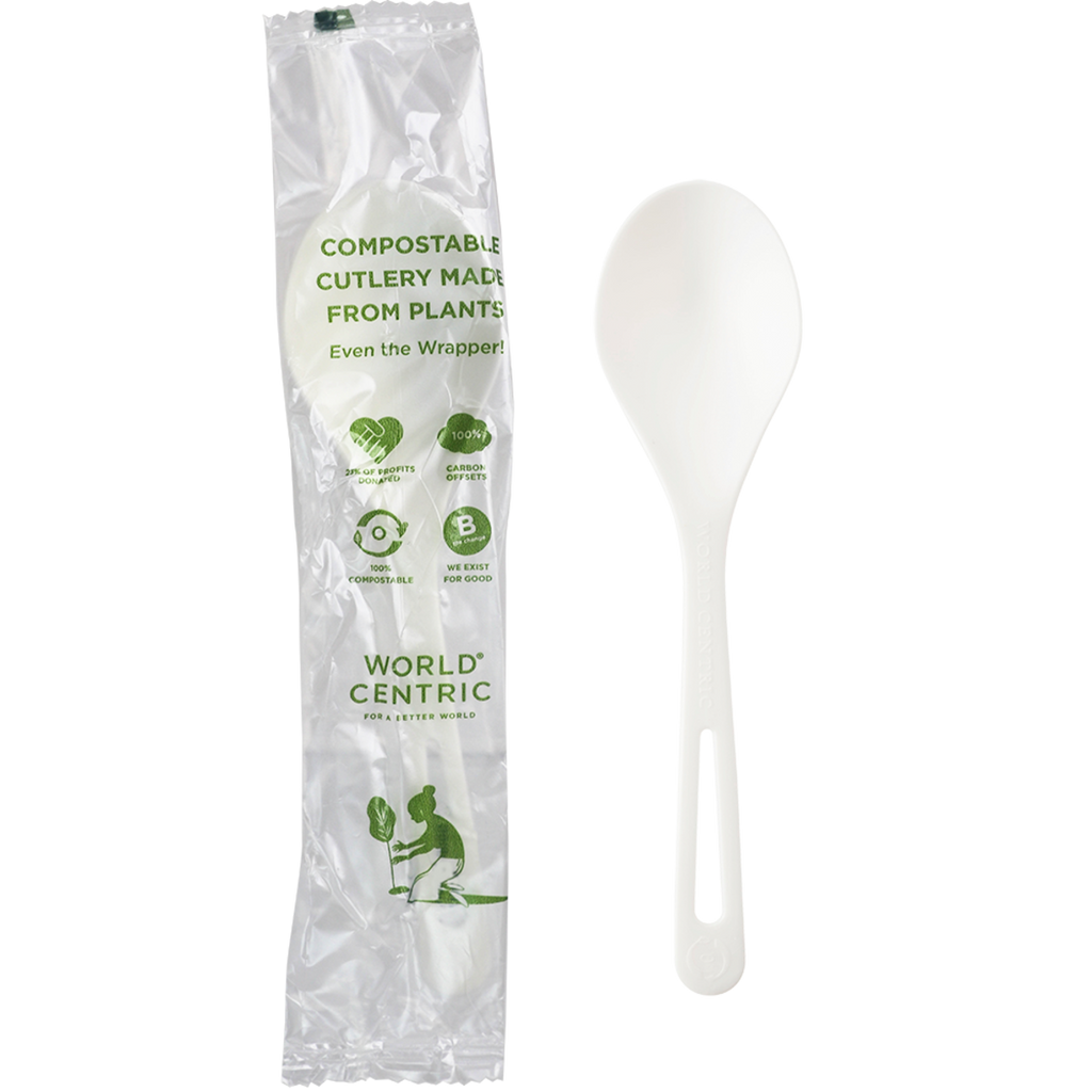 White spoon with compostable packaging labeled 'World Centric' on a white background