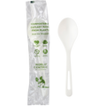 White spoon with compostable packaging labeled 'World Centric' on a white background