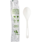 White spoon with compostable packaging labeled 'World Centric' on a white background