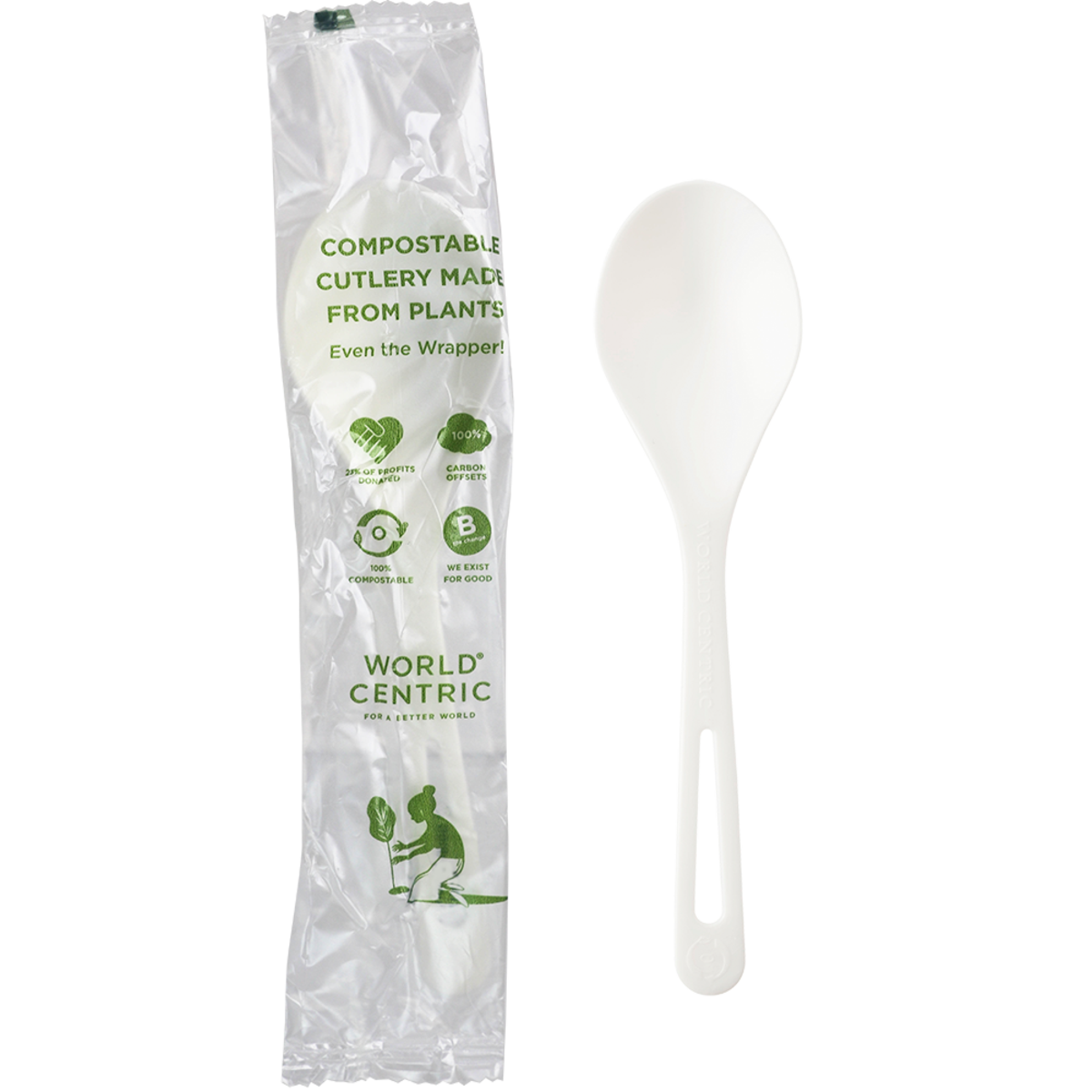 White spoon with compostable packaging labeled 'World Centric' on a white background