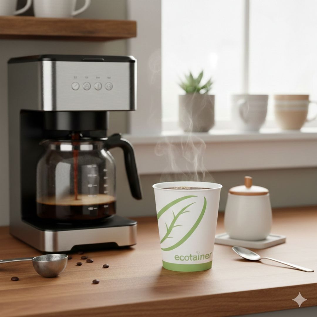 White paper cup with green leaf design and 'ecotainer' branding sitting near a coffee maker on a wooden table.