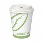 Compostable hot cup with compostable white hot cup lid on a white background.
