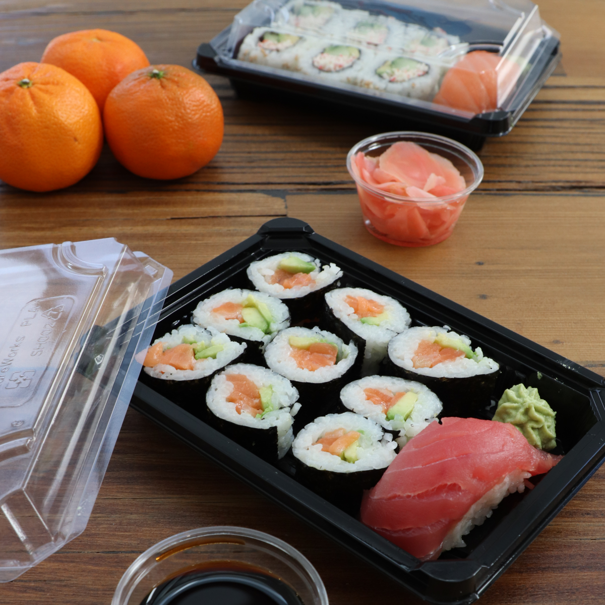 7x5x2" Sushi Tray with Lid | Black Box with Clear PLA Lid