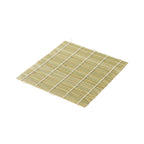 A square bamboo sushi rolling mat with horizontal white string ties, shown at an angle on a plain white background.