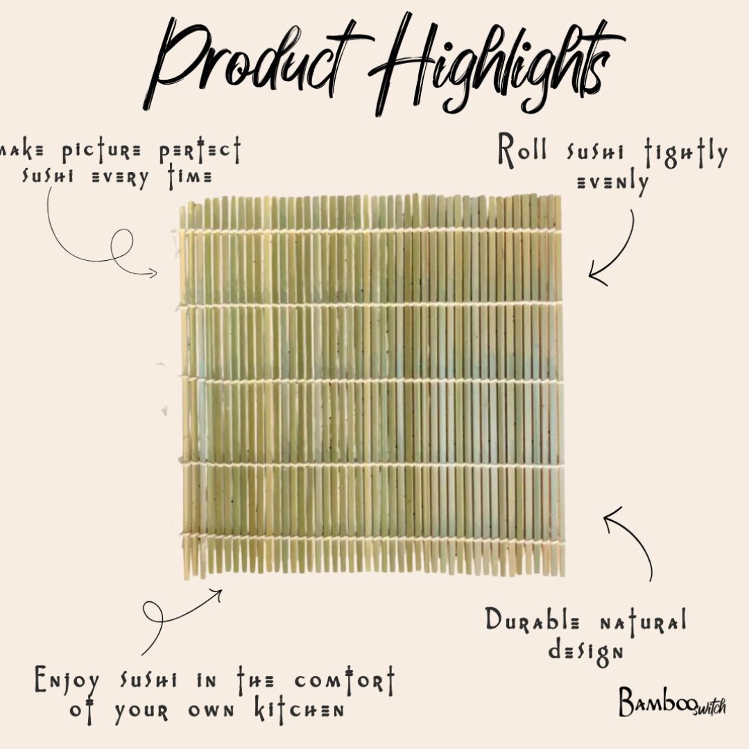 A bamboo sushi rolling mat shown on a beige background with decorative text callouts reading 'Product Highlights' and additional handwritten-style phrases around it.