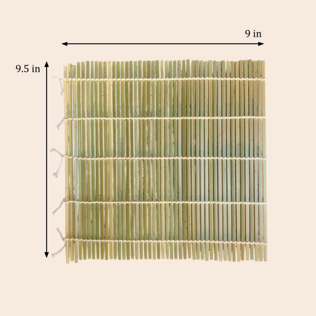 Bamboo mat with dimensions labeled on a beige background