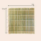 Bamboo mat with dimensions labeled on a beige background