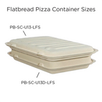 Two flatbread pizza containers shown on a white background for size comparison with text labels indicating sizes PB-SC-U13-LFS and PB-SC-U13D-LFS.