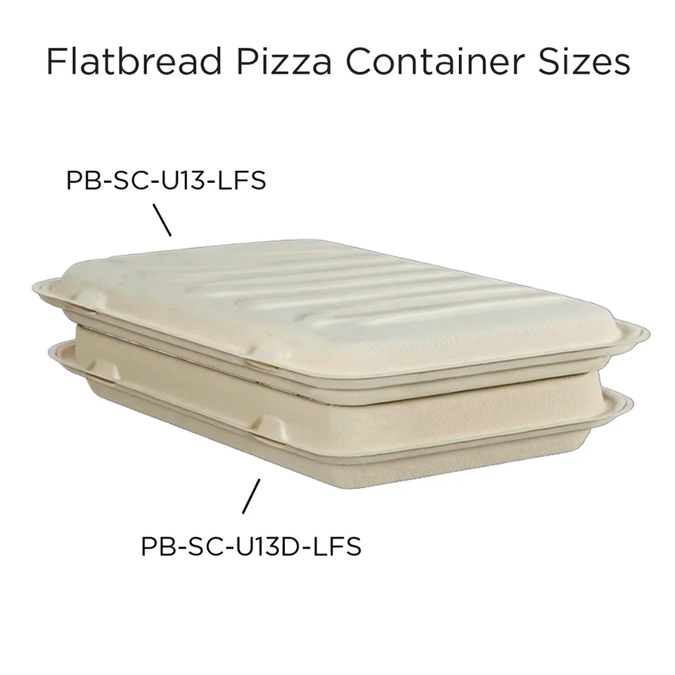 Two flatbread pizza containers shown on a white background for size comparison with text labels indicating sizes PB-SC-U13-LFS and PB-SC-U13D-LFS.