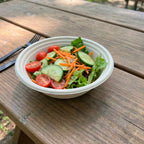 Compostable fiber bowl of salad with cucumbers, carrots, and tomatoes on a wooden table