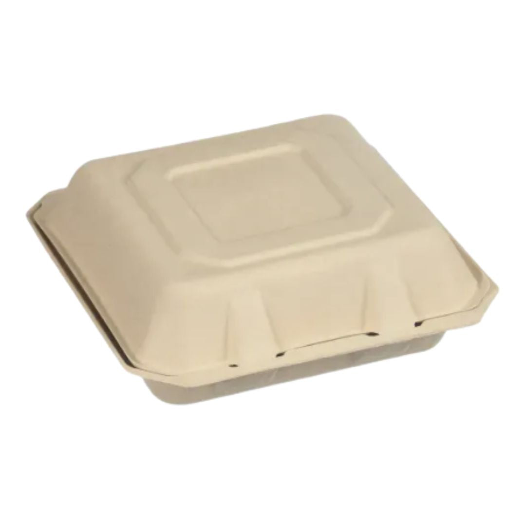 Beige compostable food container on a white background