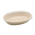Fiber oval bowl with a clear lid on a white background.