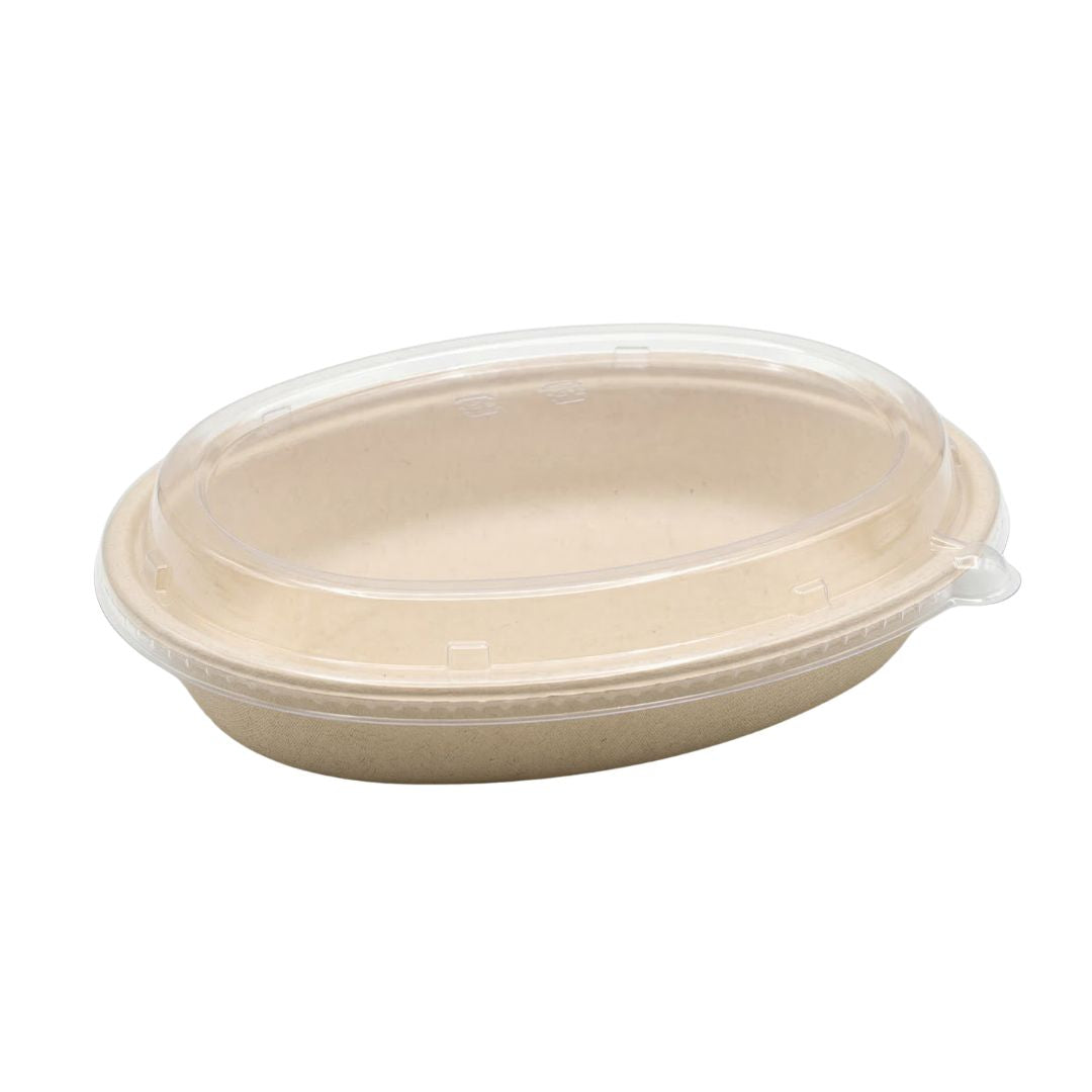 Fiber oval bowl with a clear lid on a white background.