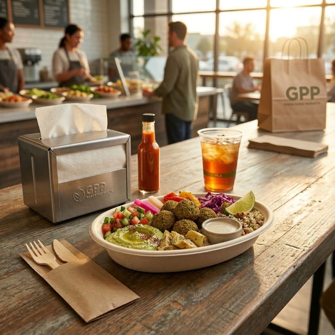 Oval fiber bowl filled with mediterranean food on a wooden table.