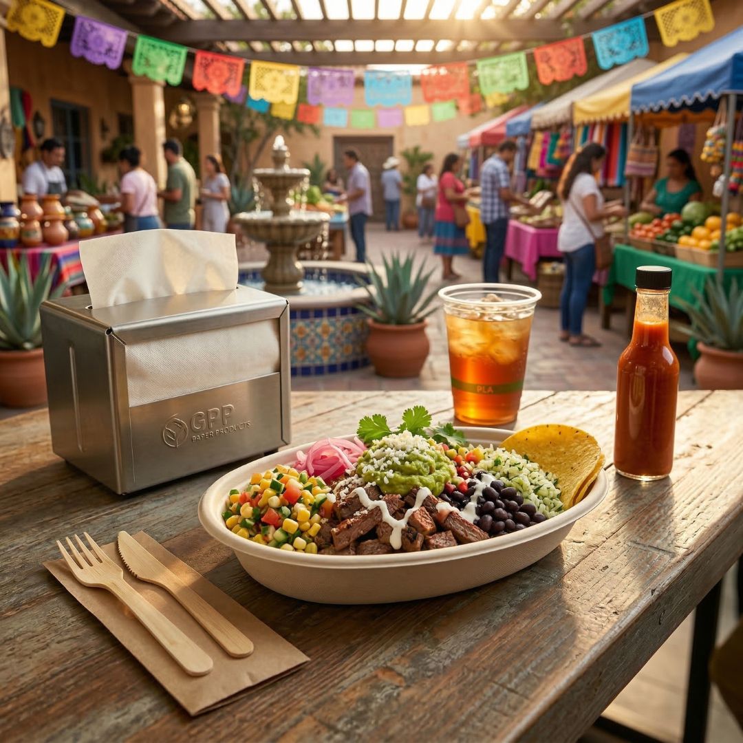 Compostable burrito bowl filled with Mexican food with a market in the background.