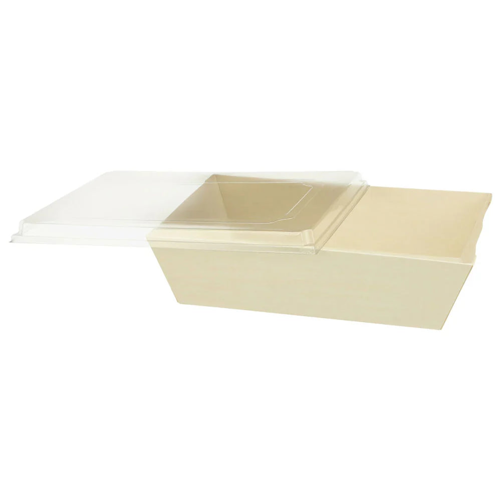 Disposable tray with clear lid on a white background