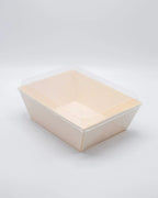 Beige wood food container with lid on a white background