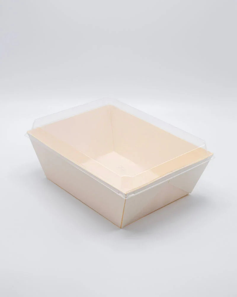 Beige wood food container with lid on a white background