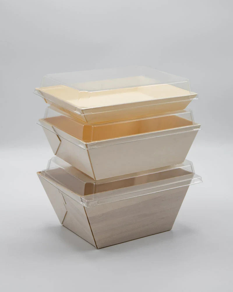 Stack of disposable food trays with lids on a light gray background