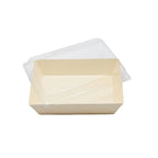 Rectangular tray with clear plastic lid on a white background
